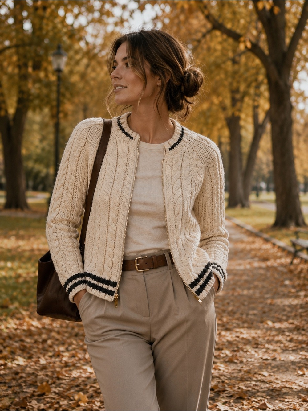 Chaser Cream Cable-Knit Zip Cardigan with Black Trim